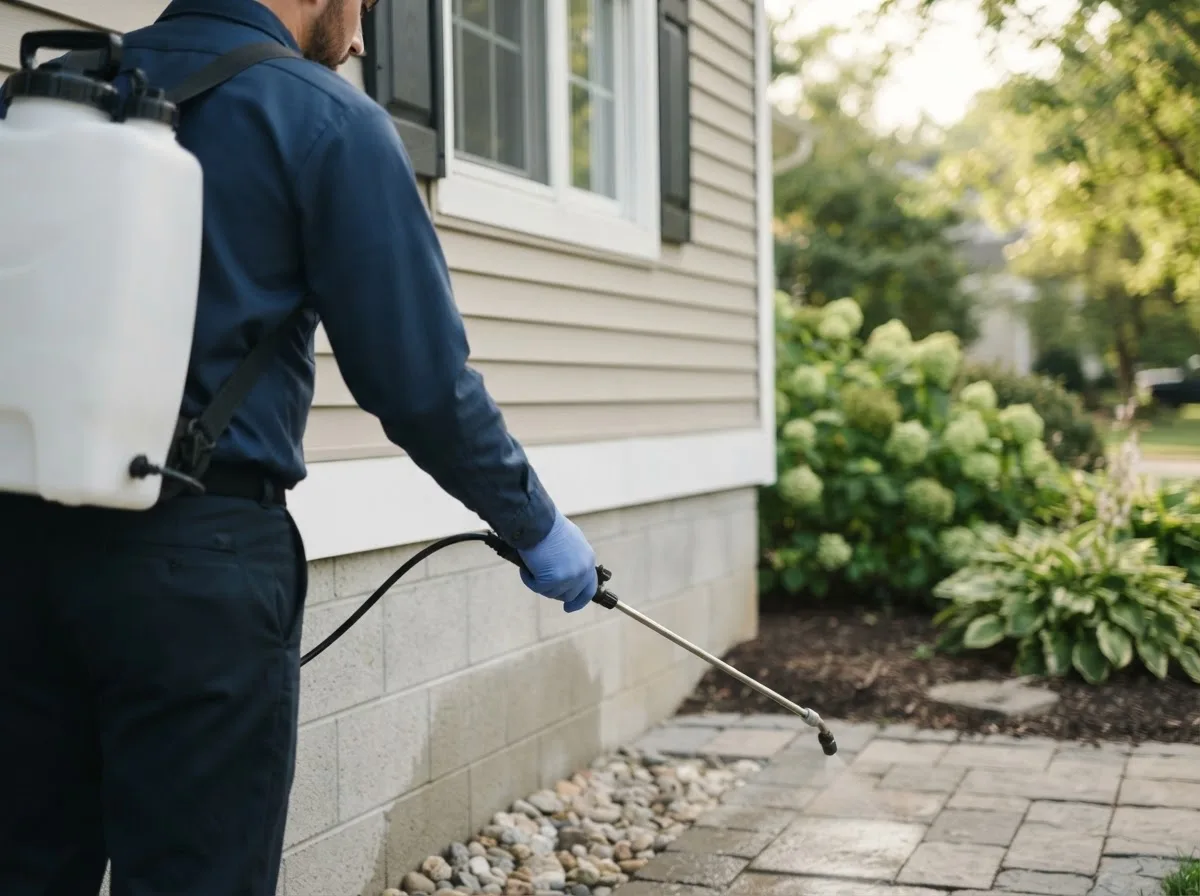 Pest control technician inspecting a home in Manitou, OK